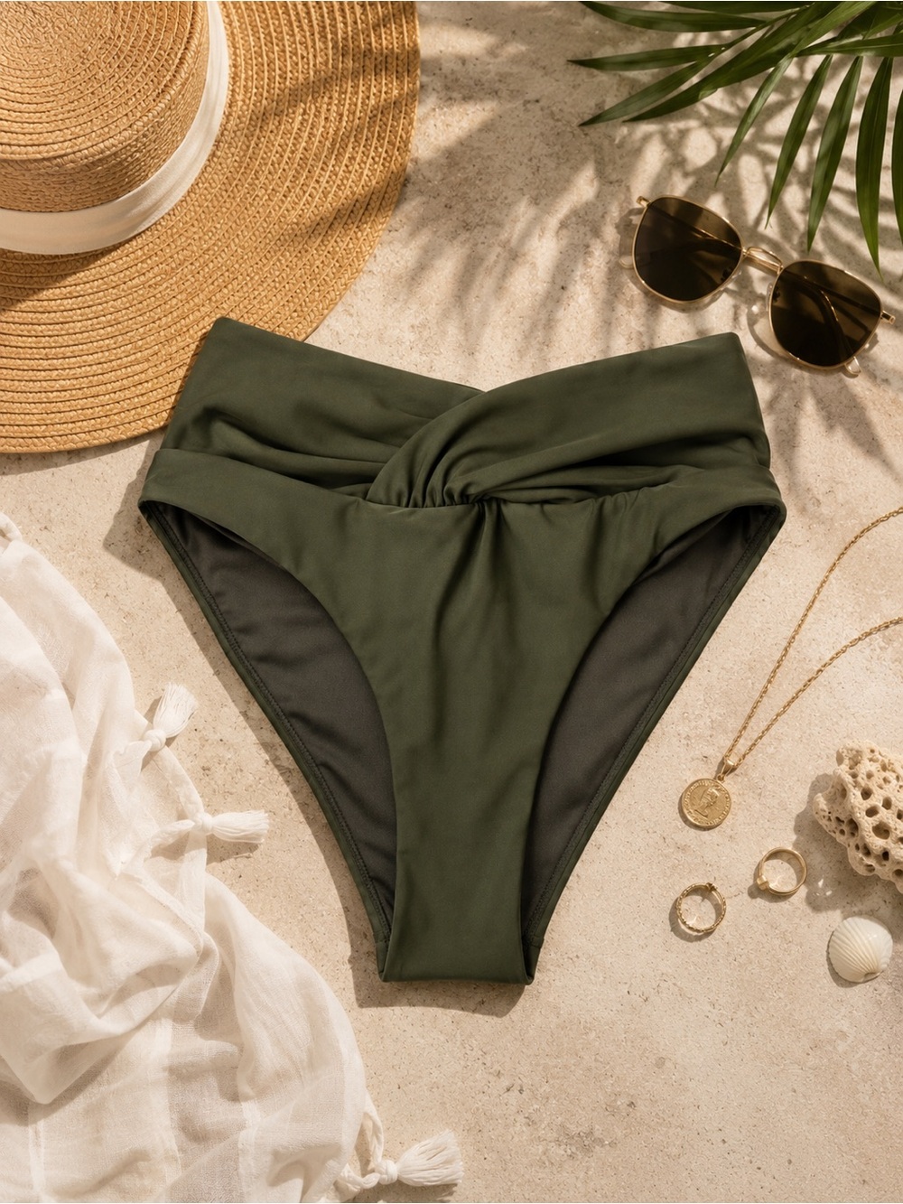Caroline Constas Olive Green High-Rise Ruched Bikini Bottom Size S Swim